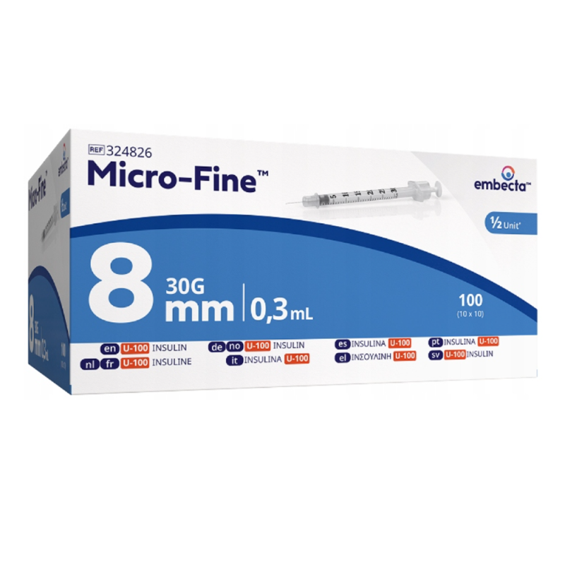 Strzykawka insulinowa z igłą wtopioną 0,3ml U-100 G30 (0,30x8) BD Embecta Micro Fine 100szt