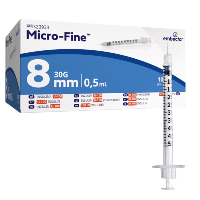 Strzykawka insulinowa z igłą wtopioną 0,5ml U-100 G30 (0,30x8) BD Embecta Micro Fine 100szt