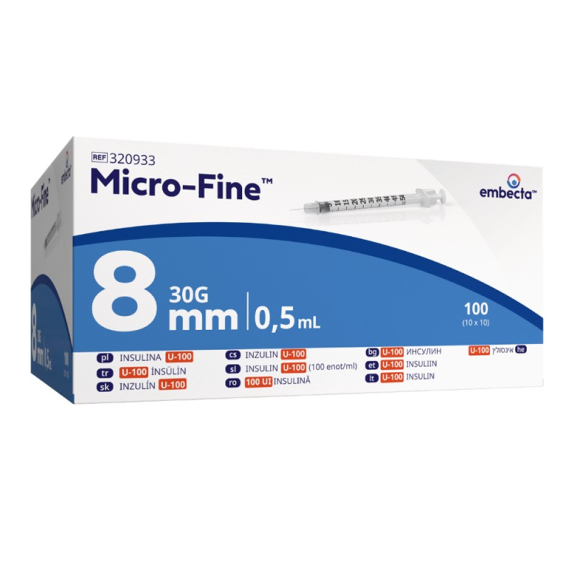 Strzykawka insulinowa z igłą wtopioną 0,5ml U-100 G30 (0,30x8) BD Embecta Micro Fine 100szt