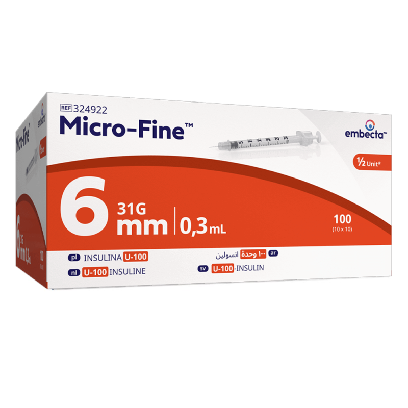 Strzykawka insulinowa z igłą wtopioną 0,3ml U-100 G31 (0,25x6) BD Embecta Micro Fine 100szt