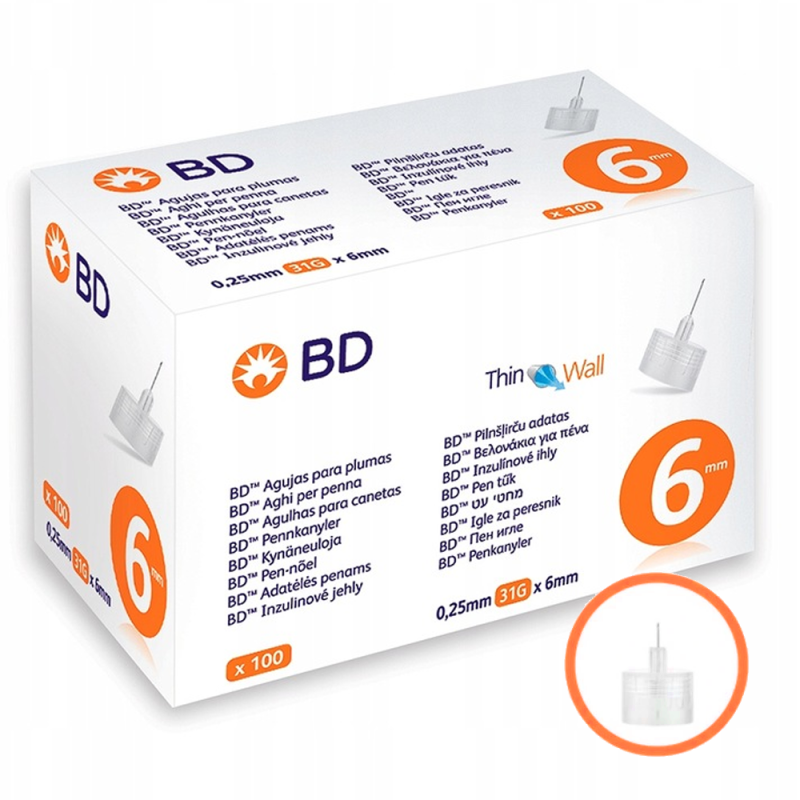 Igły do pen&oacute;w insulinowych 31G 6mm x 0,25mm Embecta Micro Fine thin Wall 100szt