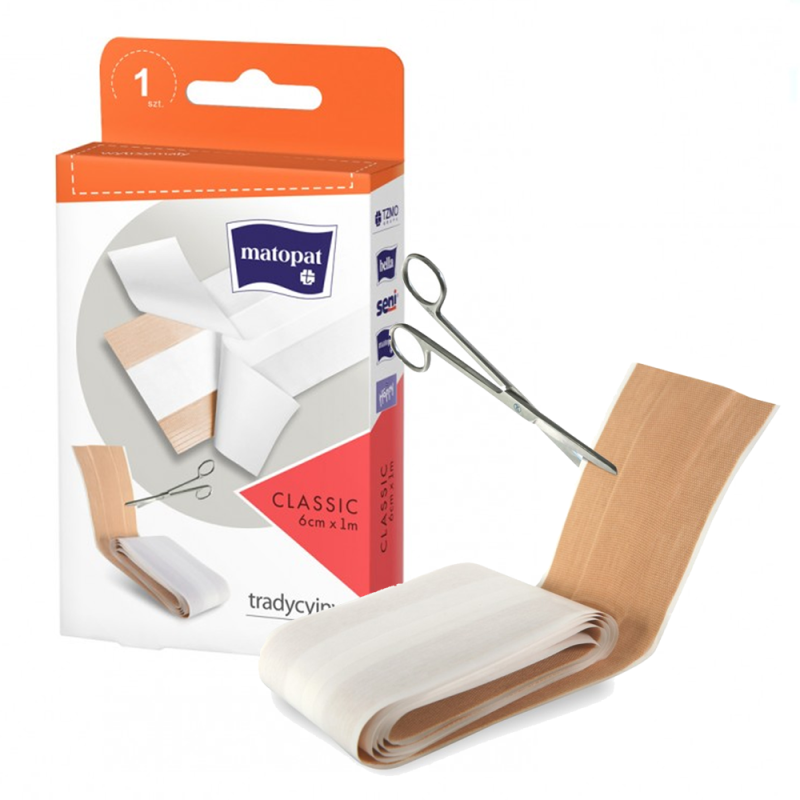 Plaster tkaninowy z opatrunkiem do cięcia Classic 6cm x 1m kartonik z zawieszka 1szt