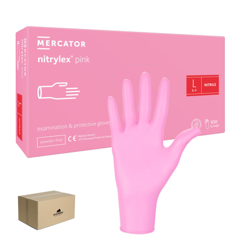 Rękawiczki nitrylowe L różowe Mercator Nitrylex Pink 100sztuk karton 10op