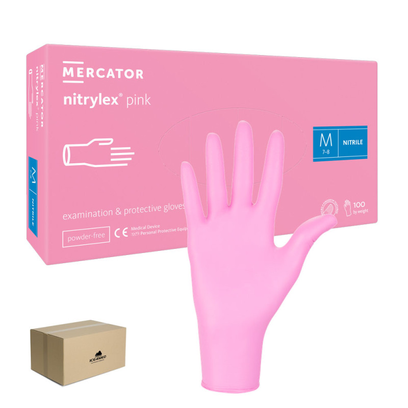Rękawiczki nitrylowe M różowe Mercator Nitrylex Pink 100sztuk karton 10op