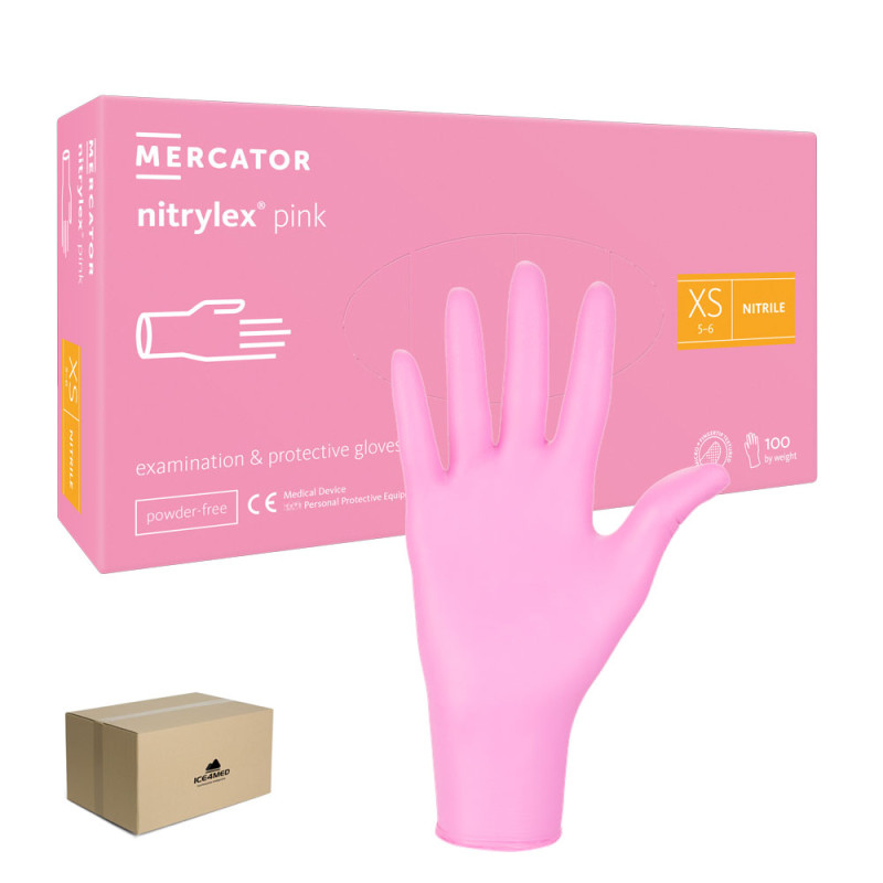 Rękawiczki nitrylowe XS różowe Mercator Nitrylex Pink 100sztuk karton 10op